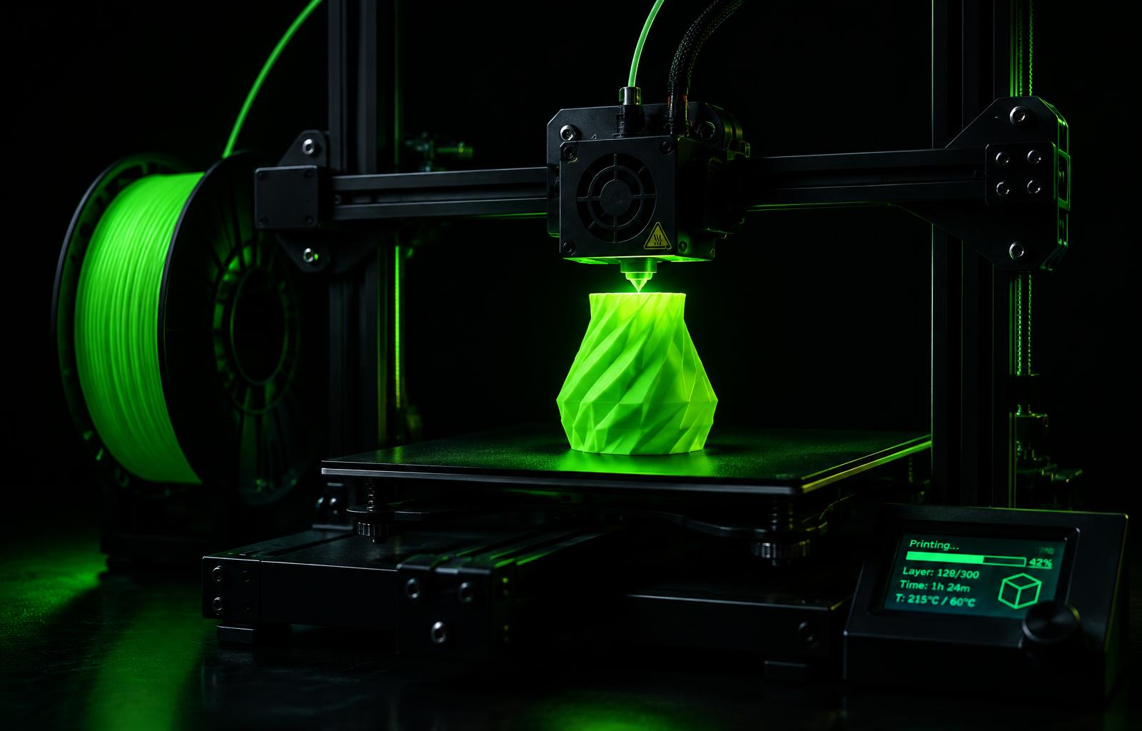 3D принтер отпечатва светещ зелен обект